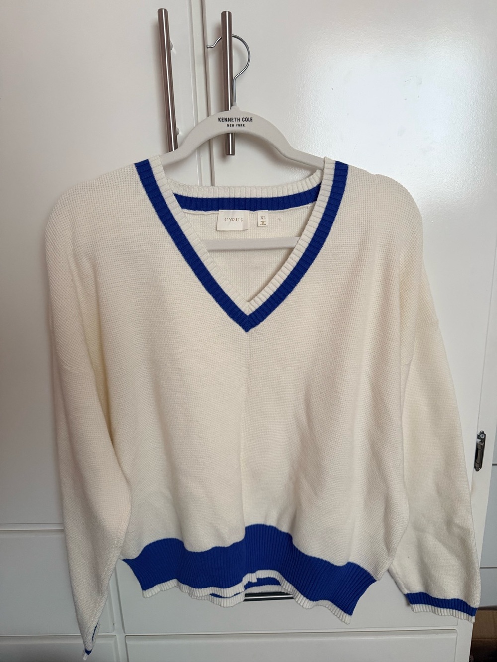 Cyrus Women's Ivory V-Neck Sweater with Royal Blue Trim